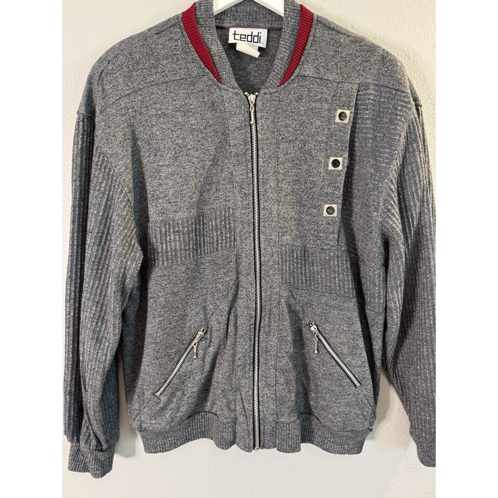 Vintage 80s-90s Teddi Gray Bomber Jacket L Red Trim Silver Hardware Retro